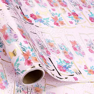 Elegant Metal Foil Gift Wrap Paper, Champagne Glass and Floral Design, DIY Craft Gift Wrapping, 43.2cm X 500cm, Party Decorations