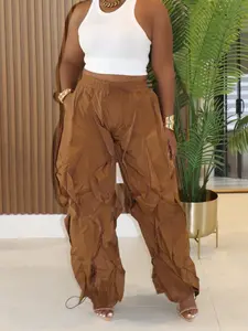 Women's Casual High Waist Wide Leg Drawstring Pants, Pure Color Patchwork Lace Loose Long Trousers, Unique Commuter Style Ladies' Bottoms Al336, Casual Bohemian Trousers