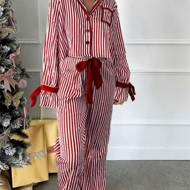 Christmas Pjs Set - Red & White Striped Pajamas with Velvet Bow for Festive Comfort