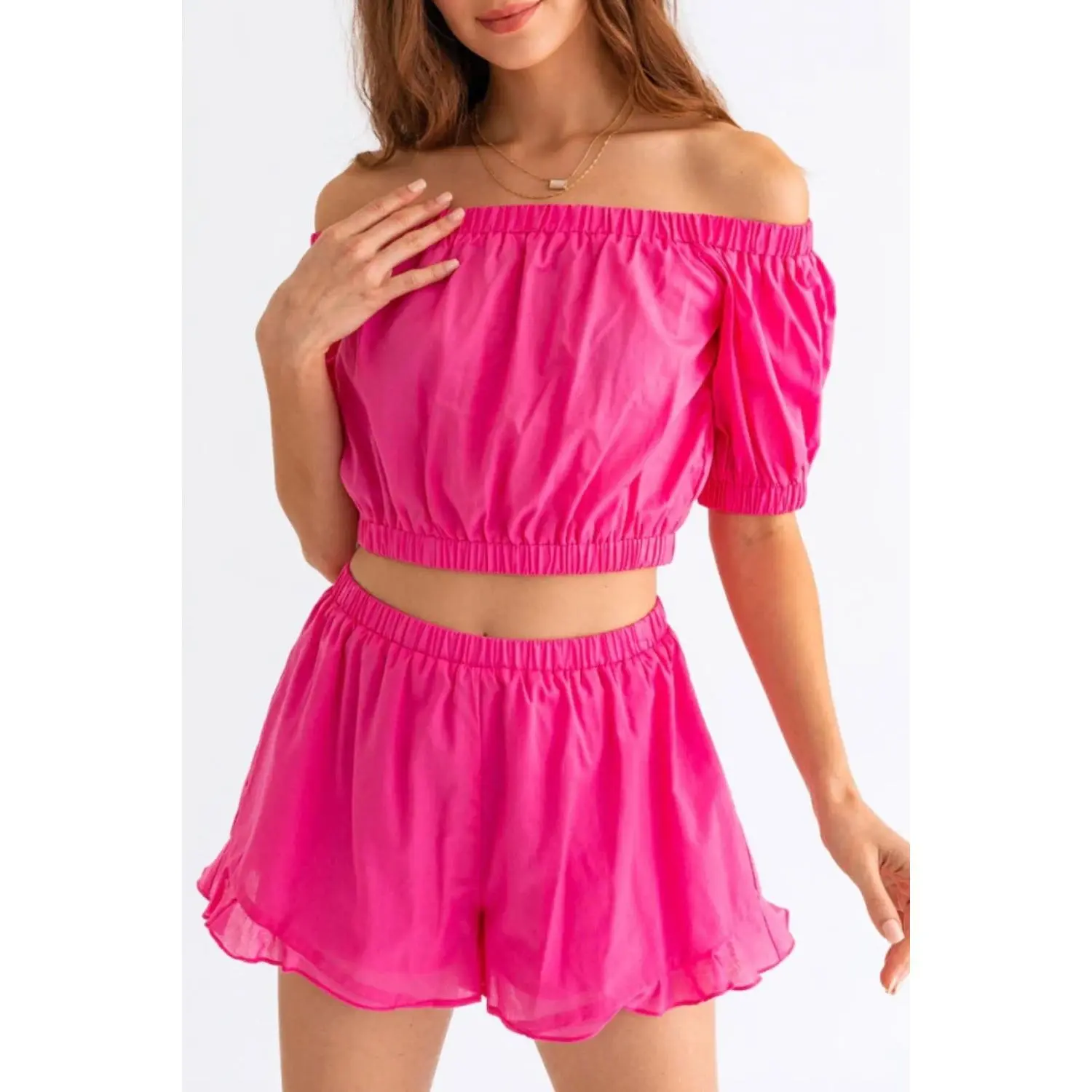 Tasha Apparel Off Shoulder Crop Top and Ruffled Shorts Set