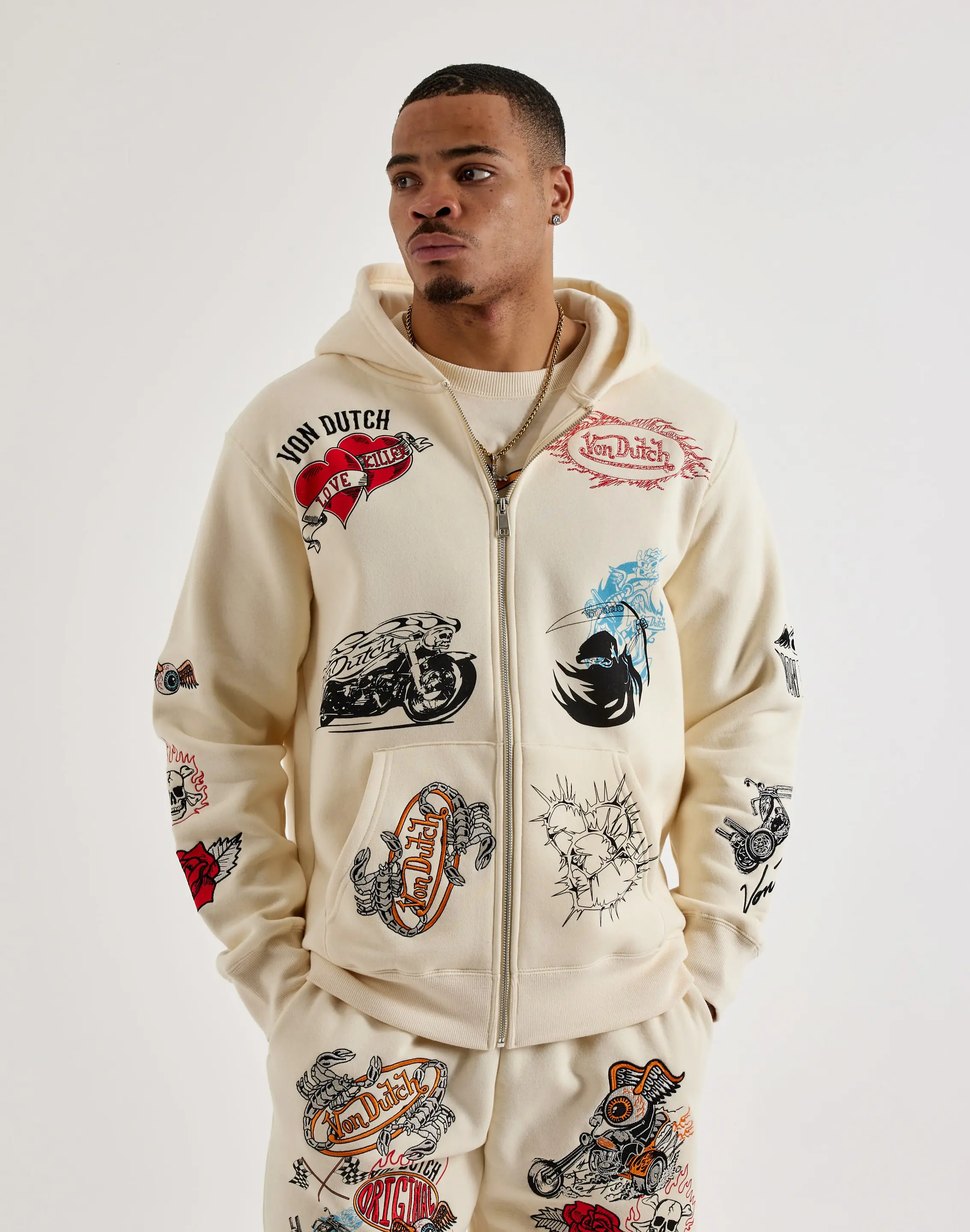 Mens Von Dutch Tattoo Full-Zip Fleece Hoodie