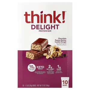 Think ! Delight Protein Bar, Chocolate Peanut Butter Cookie Dough, 10 Bars, 1.2 oz (34 g) Each