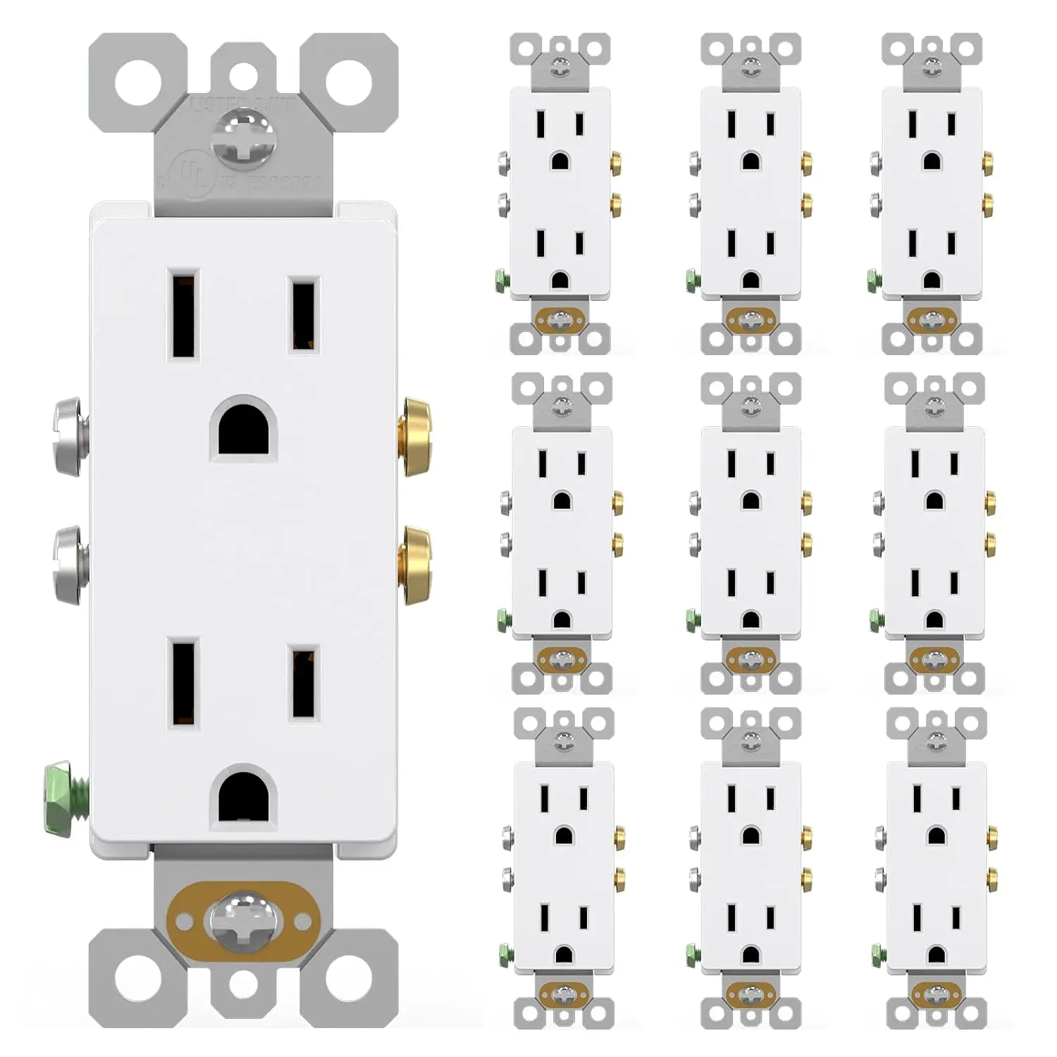 White 10 Pack Decorator Outlet Electrical Wall Receptacle Outlet, 15A 125V, 2 Pole 3 Wire, NEMA 5-15R, Residential Grade, Self-Grounding,UL Listed