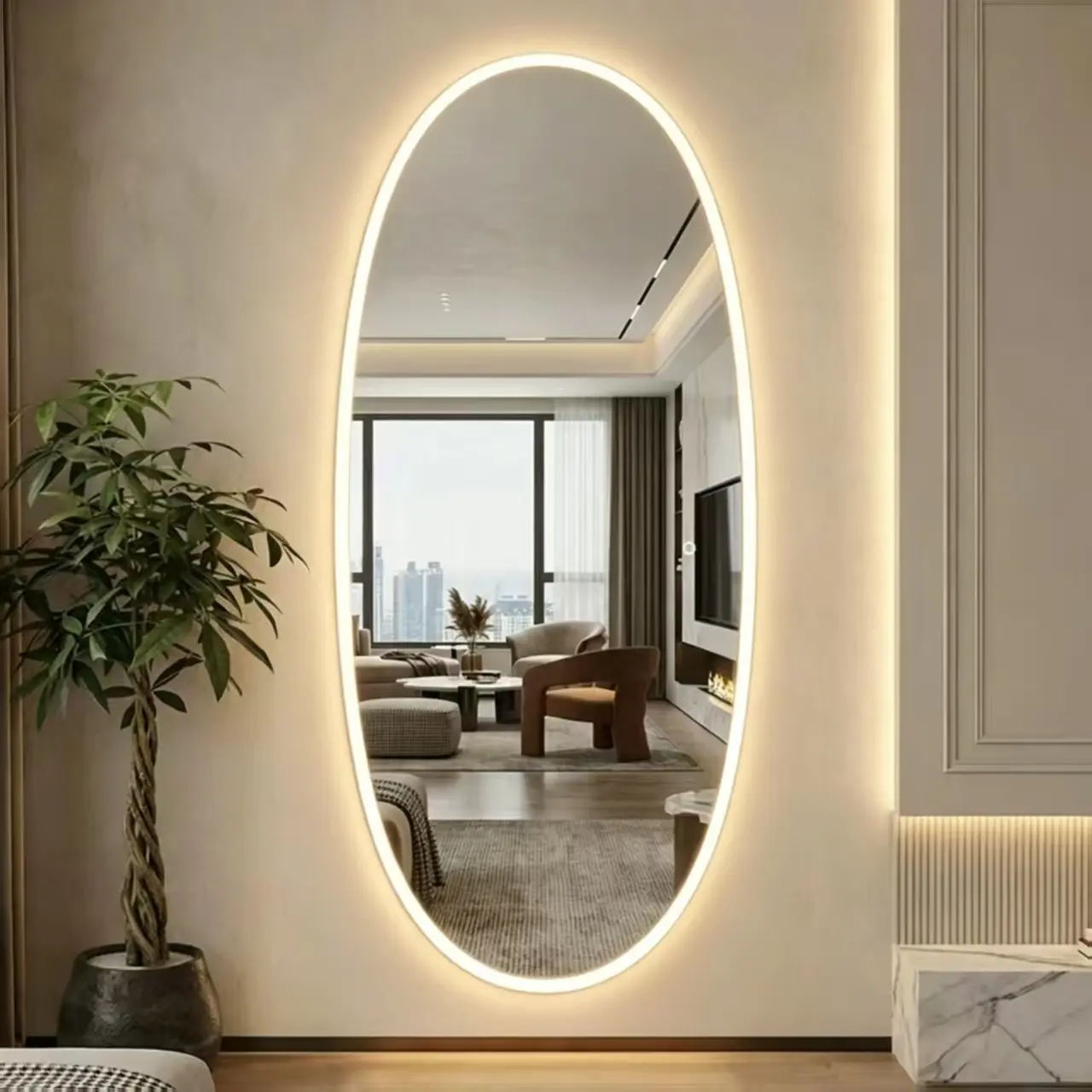 Modern Oval LED Full Length Mirror, 5mm Tempered Glass Frameless Wall Mounted Mirror with 3 Color Dimmable Lighting, Touch Control Full Body Dressing Mirror for Bedroom, Bathroom, Closet & Home Decorted Mirror for Bedroom, Walk-In Closet, Dressing Room,