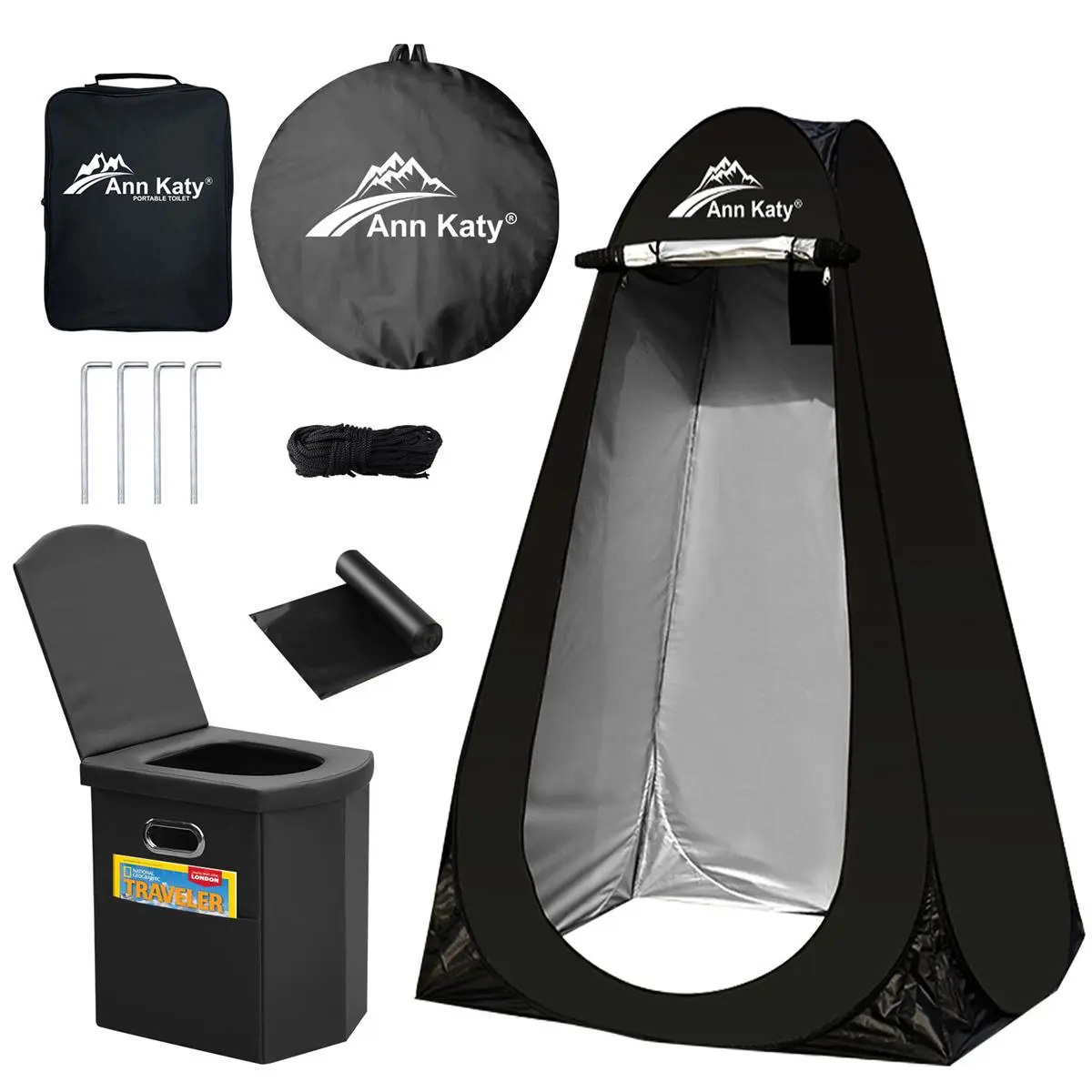 Ann Katy Portable Toilet with Pop-Up Privacy Tent, Foldable Adult-Sized Camping Equipment, Tear-Resistant 190T Polyester Changing Room and Shower Shelter