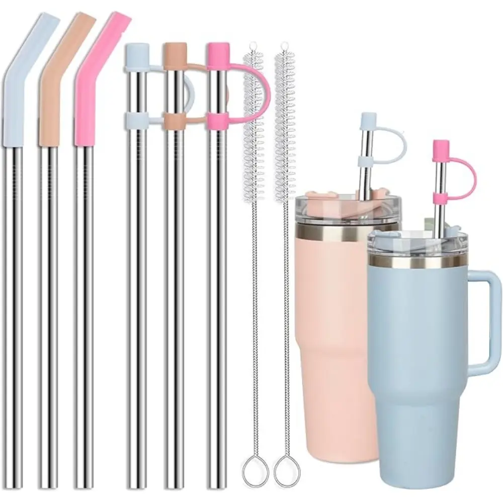 Stainless Steel Straws with covers fit Stanley 40 oz tumbler, Reusable 12 Inch Metal Straw with Silicone Tips & Cover Caps, Compatible with Stanley Quencher H2.0 (6 Pack: 3 Bent + 3 Straight)