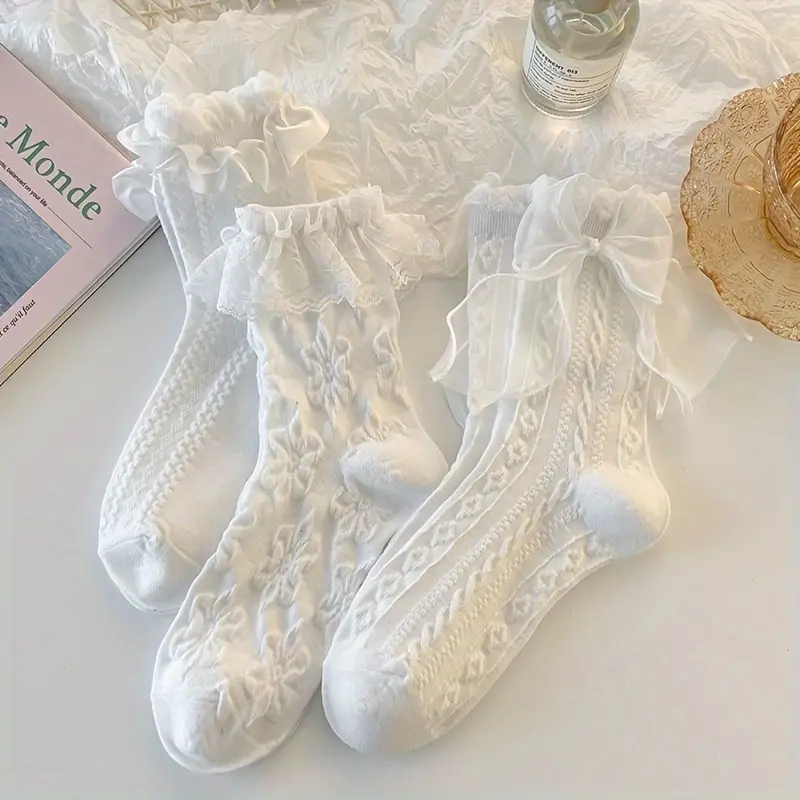 Lady's Sweet Lace Calf Socks, 6 Pairs 100% Cotton Knit with Ruffled Edge and Bow Detail, All-Season, 6 Pairs (As Pic)