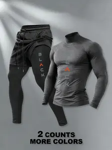 Men's Fashion Two-Piece Gym, Athletic Tracksuit Set, High Neck Tight Top & Layered Shorts, Elastic Fabric, Multiple Colors, Fitness Activewear, Perfect for Fitness & Casual Wear