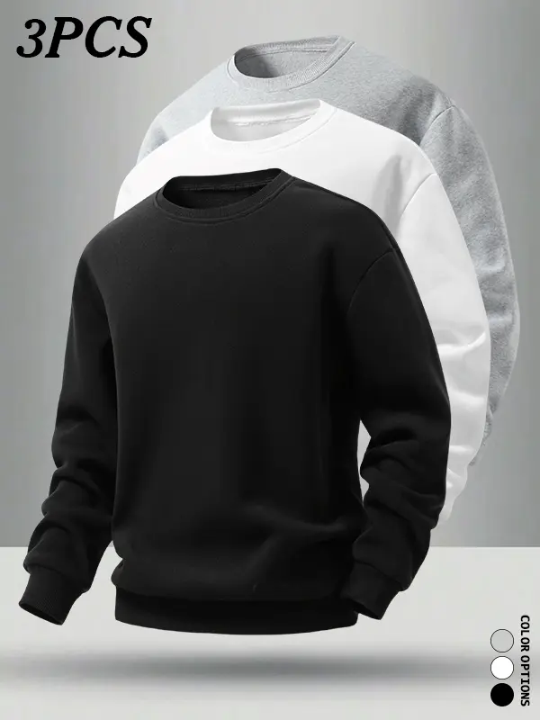 3-pack men’s crewneck sweatshirts for both layering and wearing alone—durable design with a dropped neckline and relaxed fit with extra room; versatile for free layering and suitable for all everyday clothing needs.