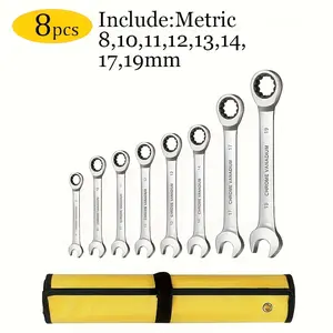 8PCS 72 Tooth Ratchet Combination Wrench Set, CR-V Chrome Vanadium Steel Metric Spanners 8/10/11/12/13/14/17/19mm with Storage Roll Pouch, Professional Automotive Mechanical & Household Repair Hand Tools, Ideal Gift for Mechanics & DIY Lovers