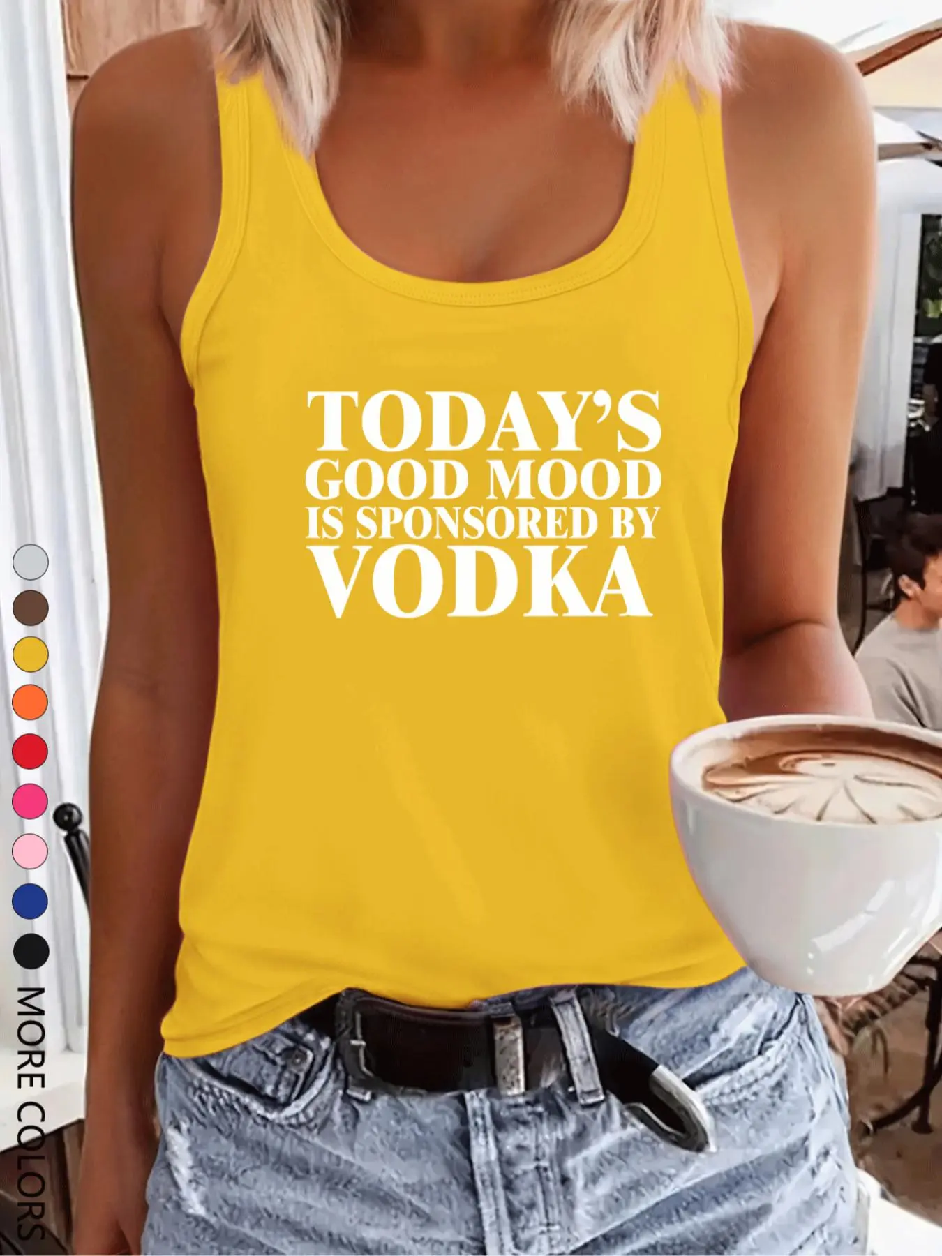 Women's Today's Good Mood Is Sponsored By Vodka Letter Print Round Neck Tank Top, Casual Sleeveless Tops, Casual Flattering Sleeveless Top for Summer, Ladies Clothes for Daily Wear, Womenswear