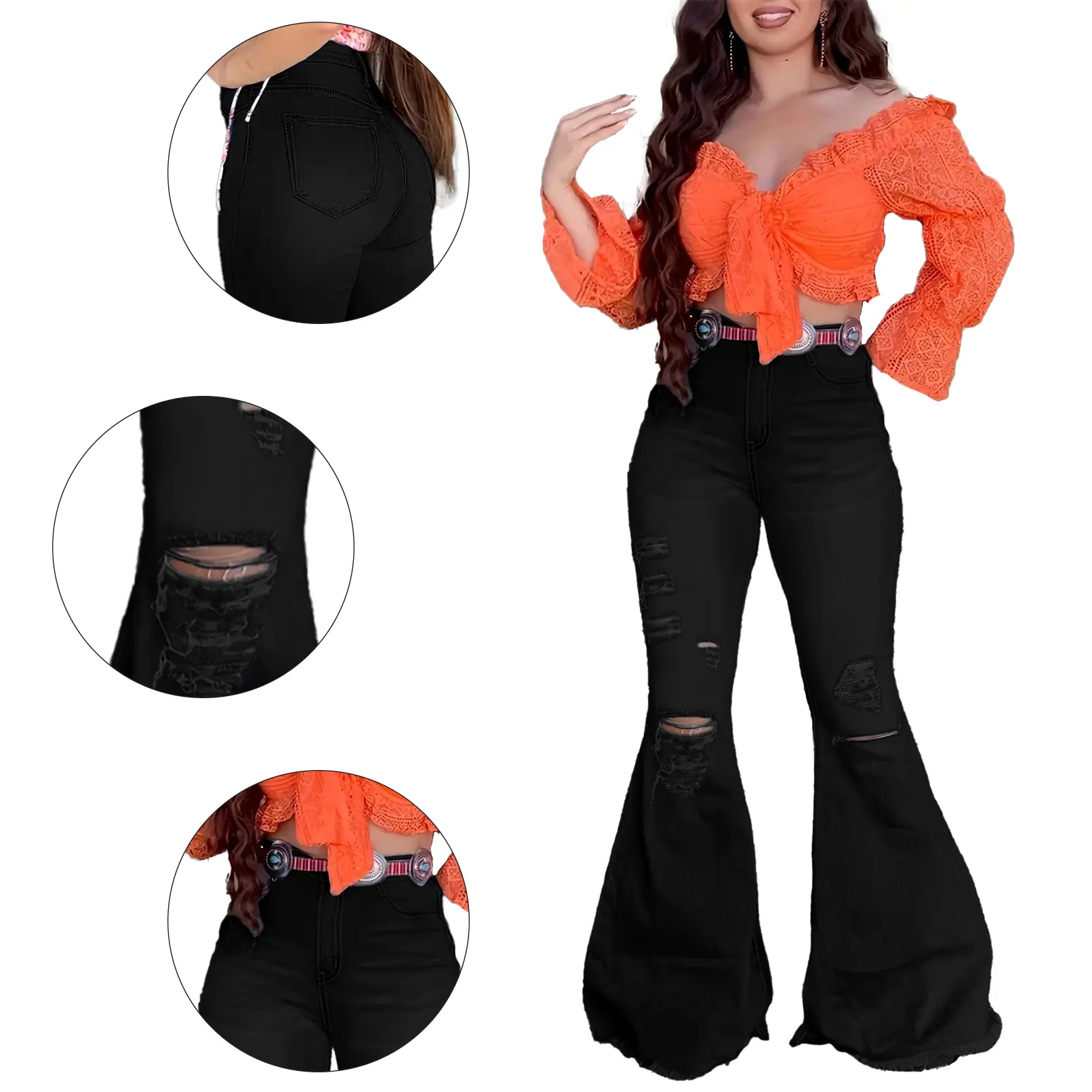 Vintage distressed high-waisted irregularly cut frayed bell-bottom denim pants for women, summer slimming pants with fringes at the hem reaching the floor