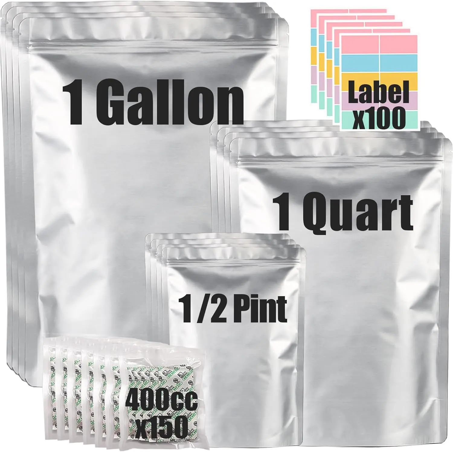 [New deal] - 100pcs Mylar Bags for Food Storage 12 Mil Thick with 150x400cc Oxygen Absorbers & Labels, 3 Sizes (1 Gallon, 1 Quart, 1/2 Pint) - Stand-Up, Resealable & Heat Sealable for Long Term Food Storage