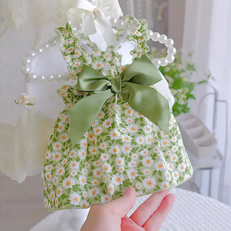 Dog Dress for Small Dogs, Floral Bow Cute Summer Cotton Tee, Pet Clothes for Medium Small Breeds Daily Wear