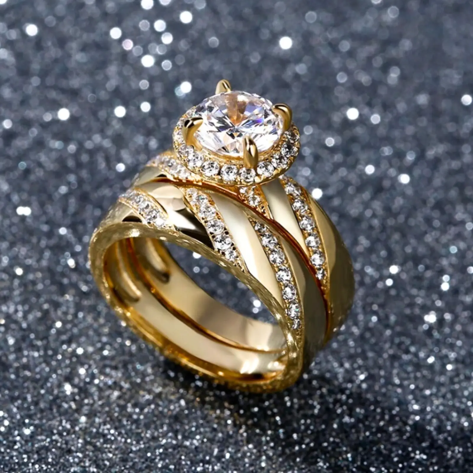 2 gold plated stacking rings decorated with stones, suitable for women to wear everyday and engagement