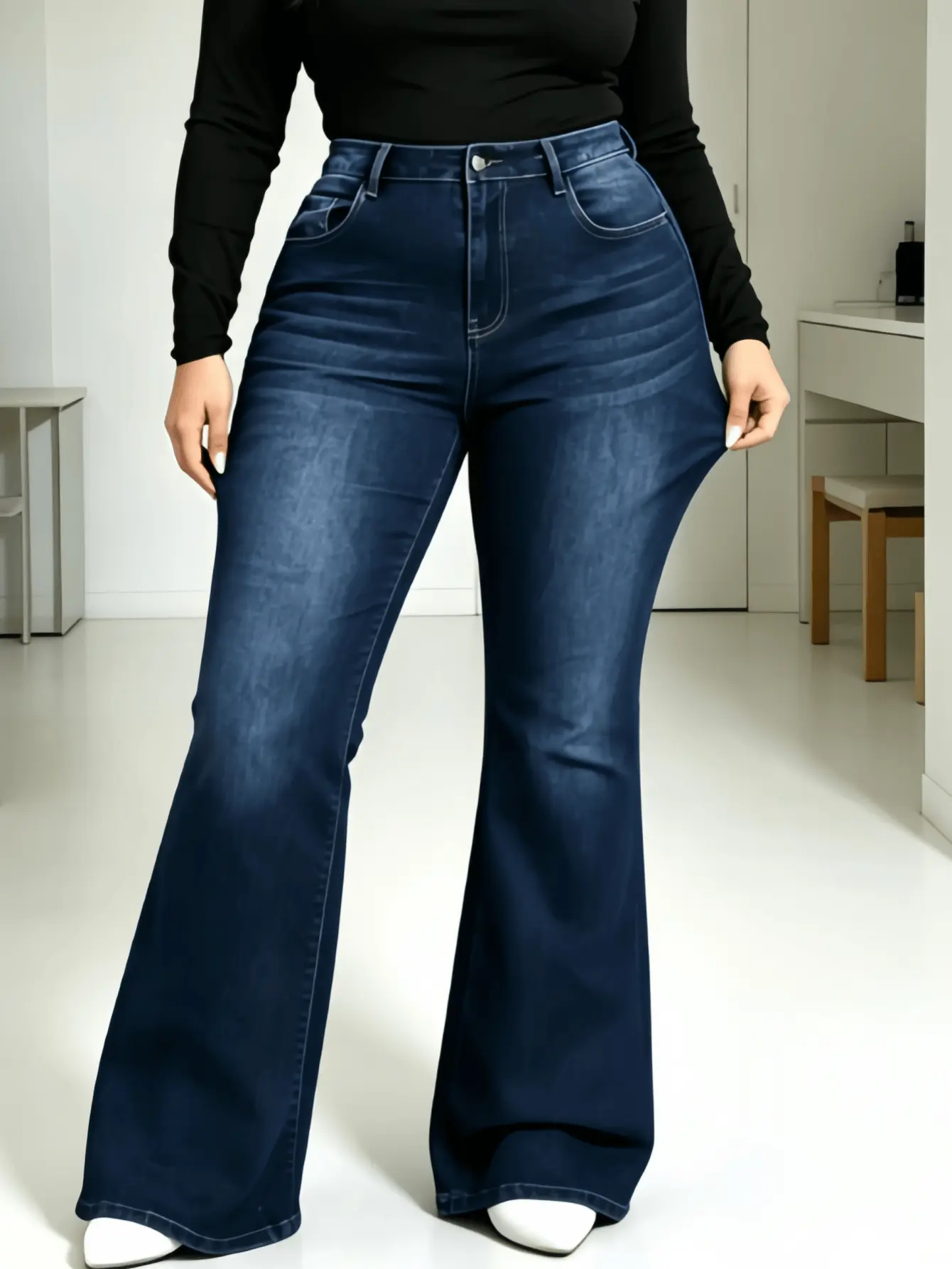 【Plus Size】Women's Plus Size High Rise Bootcut Denim Pants - Cotton Denim Bellbottoms with Plain Pocket, Button Closure, Casual Comfy for Daily Wear, All-Season Plus Size Clothes WH50