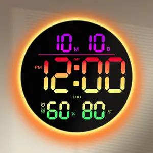 New Year Gift 10" Large Circle Digital Wall Clock Round with RGB Atmosphere Lights 11 Scenes Mode Dual Alarms Big LED Display for Classroom Game Decor Home Goods Auto DST Adjustment