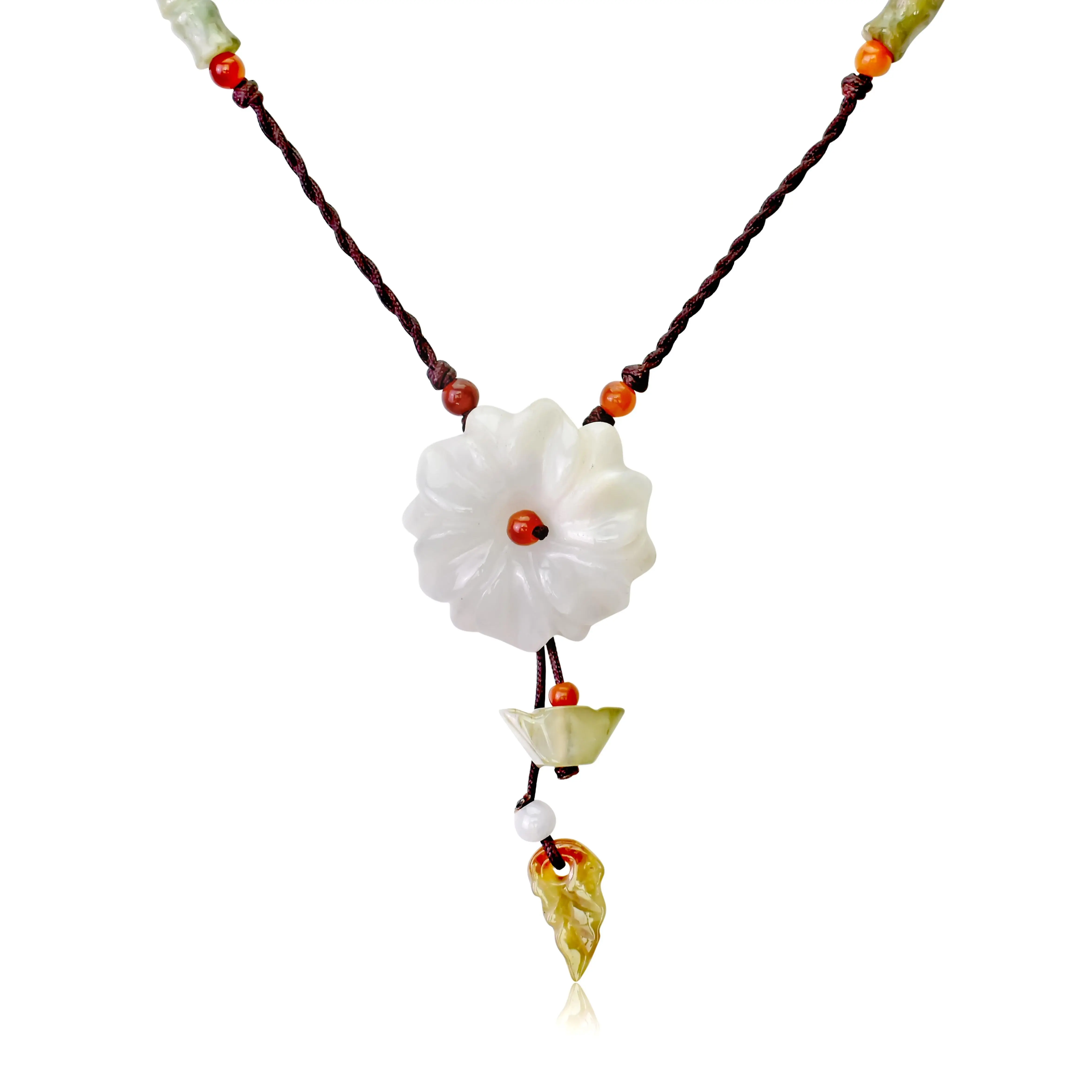 Daisy Handmade Jade Necklace - White Nephrite Jade Floral Pendant with Leaf-Shaped Jade Beads girlfriend gift jewelry