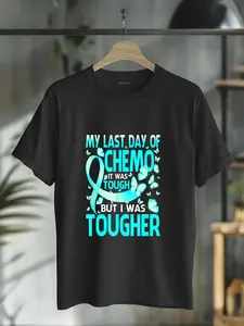 100% Cotton Unisex Last Day Of Chemo Ovarian Cancer Awareness Ribbon Butterfly T-Shirt Vingate Printed Casual Round Neck T shirt
