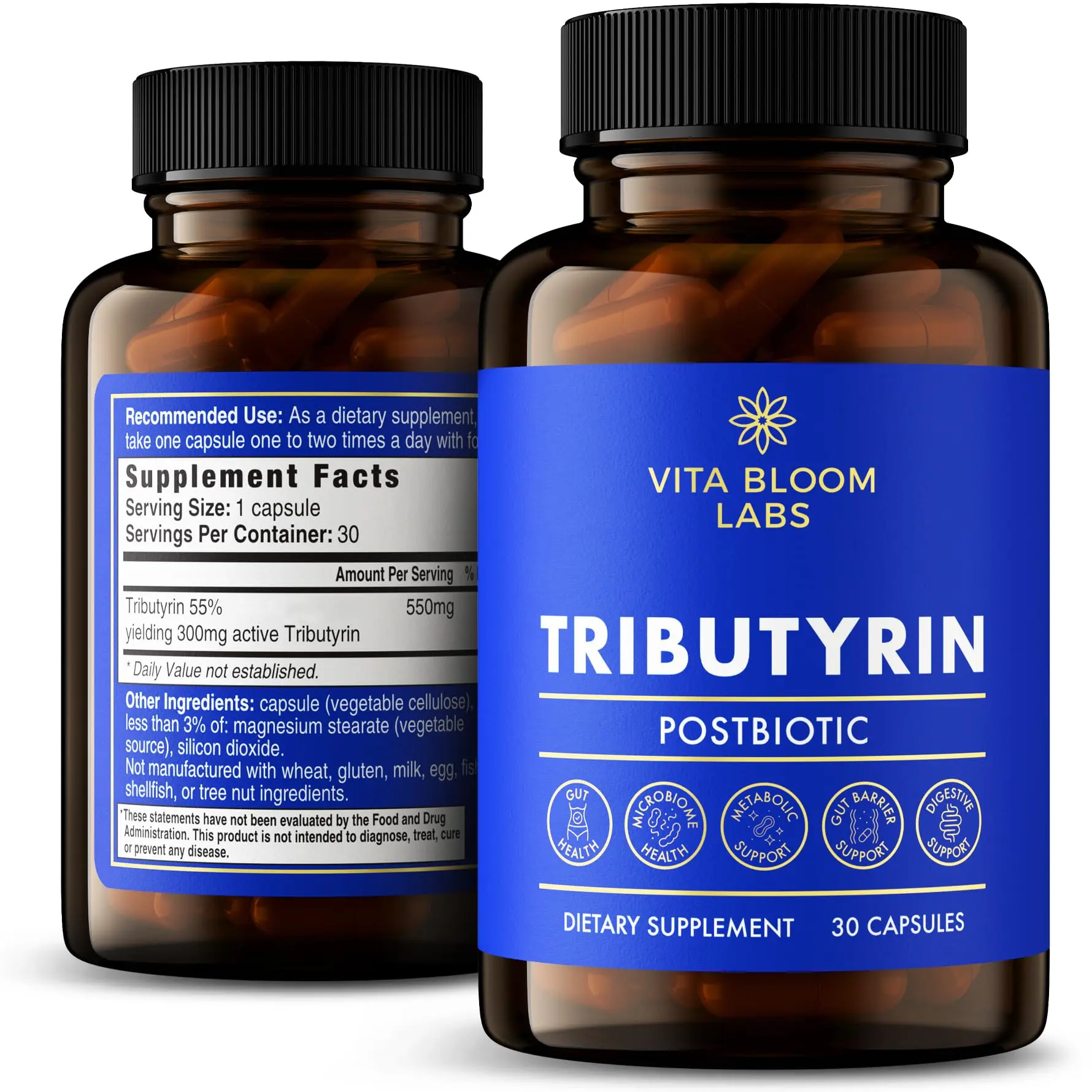 Tributyrin Supplement - Better Delivery & More Effective than Sodium Butyrate - Gut Health & Digestive Support - 3-in-1 Butyrate Postbiotics for Leaky Gut & Gut Barrier Support - 30 Capsules Visit the Vita Bloom Labs Store