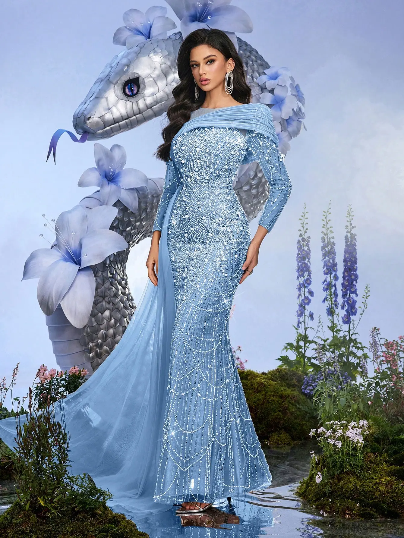 Womenswear Light Blue Beaded 1-Shoulder Long-Sleeve Mermaid Evening Gown, Formal Dress for Prom, Wedding Guest Elegant Birthday