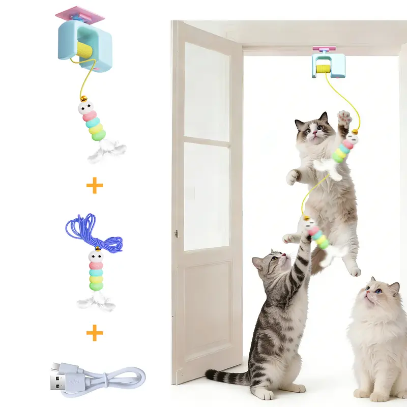 Kawiwi Rechargeable Electric Hanging Cat Feather Toy with 2 Replacement Feather Heads, Retractable Teaser with Ropes, Universal Size for Kittens & Adult Cats, ABS Material for Mental-Physical Stimulation, Durable Safe Interactive Play, 2 Replacement Heads