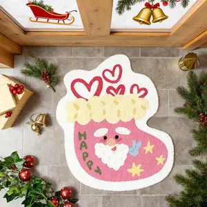 Christmas carpet, door mat, pink Christmas stocking shaped design carpet, soft and comfortable plush mat, thickened bedroom mat, ideal bedroom carpet, suitable for living room, bedside,bathroom, dressing room, and leisure area, Christmas Decorate the gift