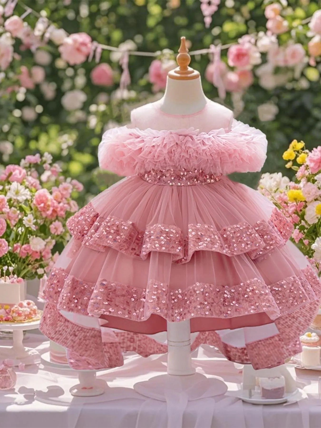 Toddler Girl's Glitter Sequin Decor Ruffle Trim Dress, Cute Casual Round Neck A Line Dress for Party Holiday, Birthday Clothes, Party Outfits, Kids Clothing for All Seasons, Toddler Pageant Dresses, Toddler Wedding Guest Dress