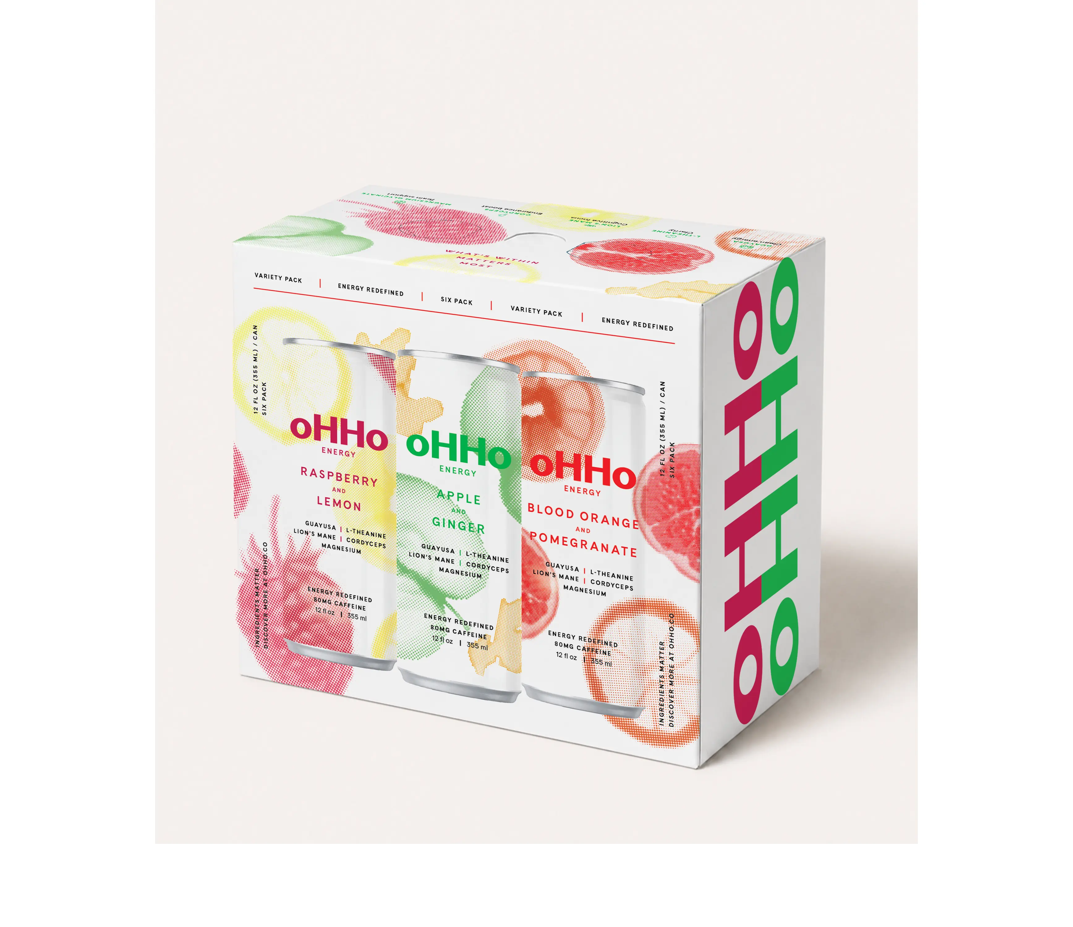 oHHo ENERGY Variety Pack, 24 Cans - Blood Orange & Pomegranate, Apple & Ginger, Raspberry & Lemon, 80mg Caffeine, 12 fl oz
