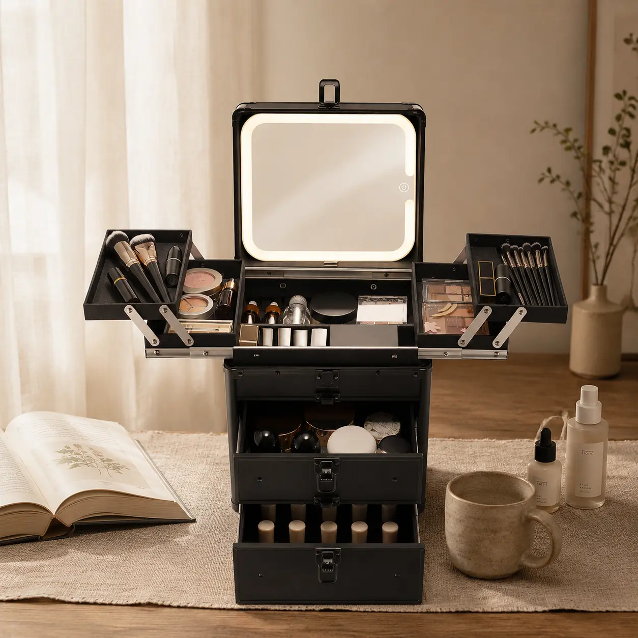 Qislee Professional Makeup Train Case with Detachable Magnetic LED Mirror, Large Capacity Cosmetic Organizer Box with 4 Trays & 2 Drawers