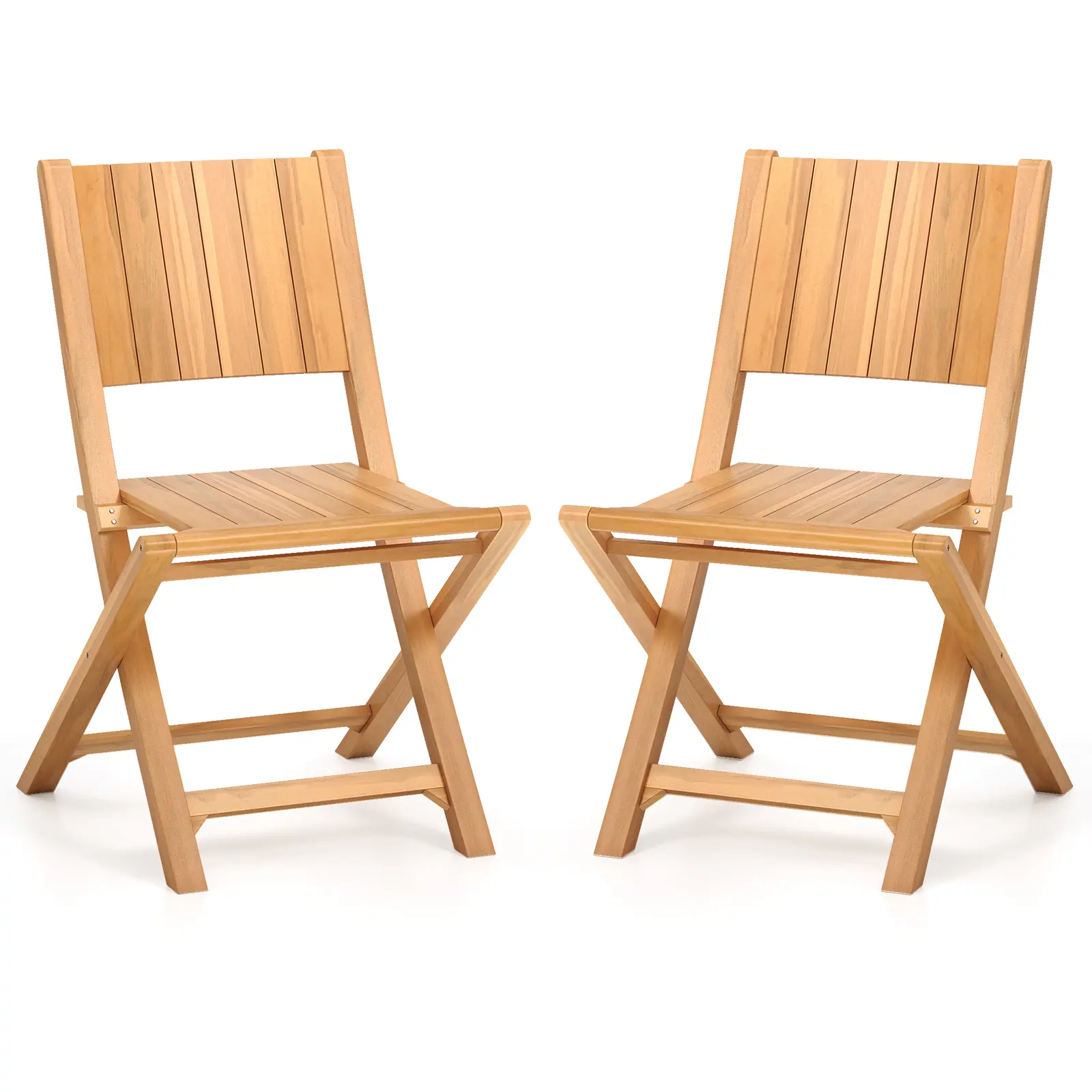 COSTWAY - 2 Pieces Teak Wood Outdoor Dining Chairs with Slatted Seat