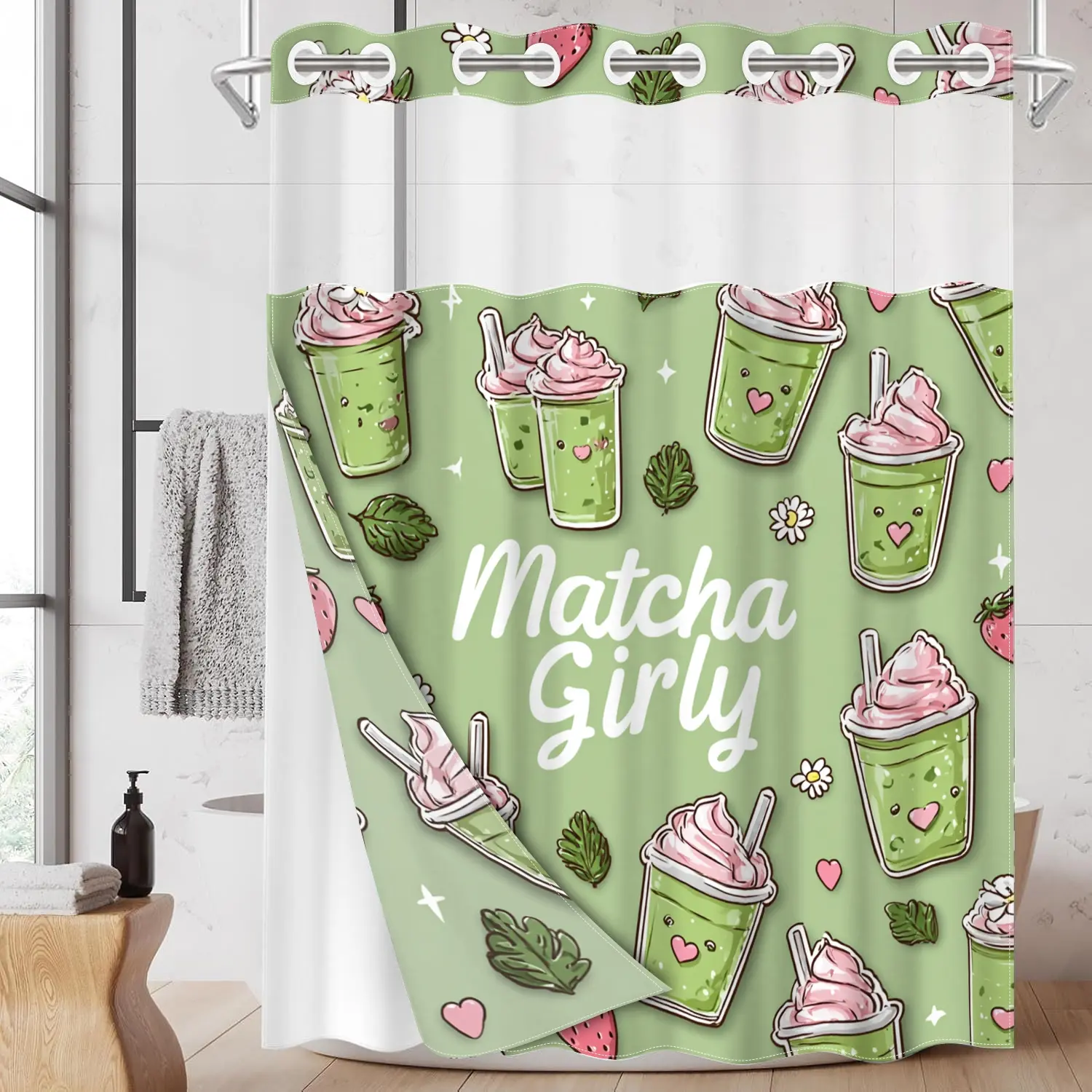 1pc hookless shower curtain with snap fastener, MatchaGirly tea green 2D Flat Printing, fabric waterproof inner lining shower curtain with transparent window double-layer curtain, 71 x 74 inches, modern home curtain decoration, Waterproof Bathroom Curtain