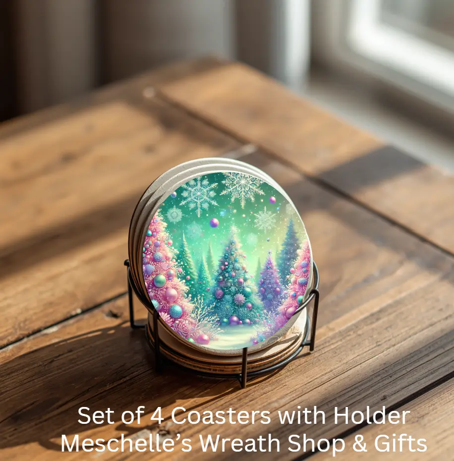 Round Pastel Christmas Ceramic Coasters, 4-Piece Set with Metal Holder, Kitchen Tableware Drink Protectors
