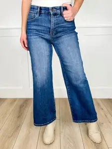 Women's Risen Maeve Tummy Control High-Rise Fray Hem Wide Leg Dark Wash Cropped Blue Jeans - Smooth Cotton-Spandex Fabric, Slip-Resistant Fit