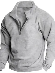Men's Solid Color Plain Half-Zip Long Sleeve Pullover Sweatshirt, Polyester Fabric, Fleece Lined, Casual Fit, Spring & Summer Wear, Tops