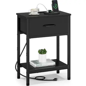 Black Nightstand with  Station, End Table with Fabric Drawer, Small Side Table with 2-Tier Storage Shelves, 25.4" Tall Bedside Table, Black Night Stand for Bedroom, Living Room, Dorm