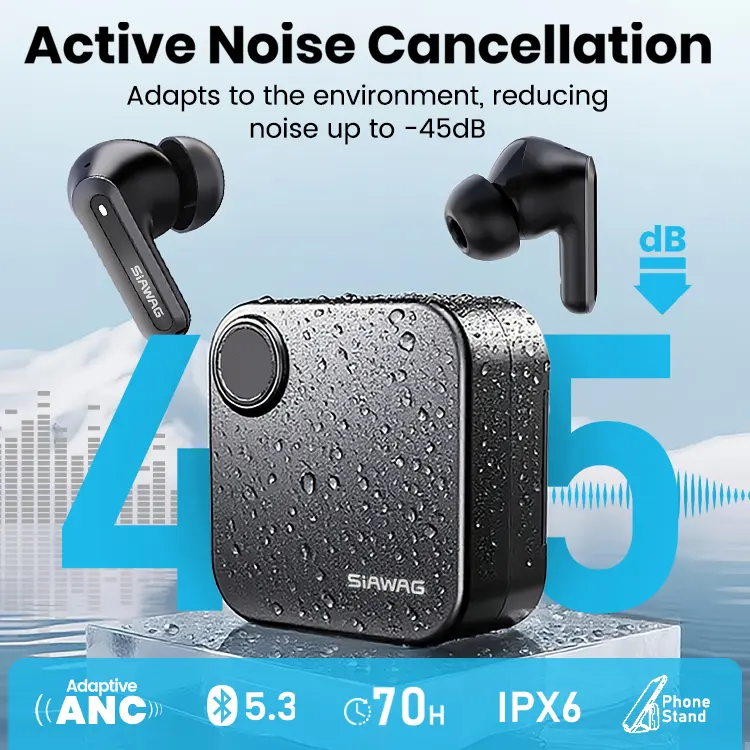 Bluetooth 5.3 Wireless Earbuds - 2-in-1 Silicone Portable Charging Case & Phone Stand, 35dB Hybrid ANC Noise Cancelling, Powerful Bass, 70H Playtime, Waterproof Sports Headset, Stable Audio Connection, Audio Streaming