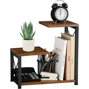 Desk Shelf Organizer 3-Tier Wood Desk Bookshelf Small Tabletop Book Shelf Adjustable Display Rack for Office Decor and Desk Accessories Rustic Brown