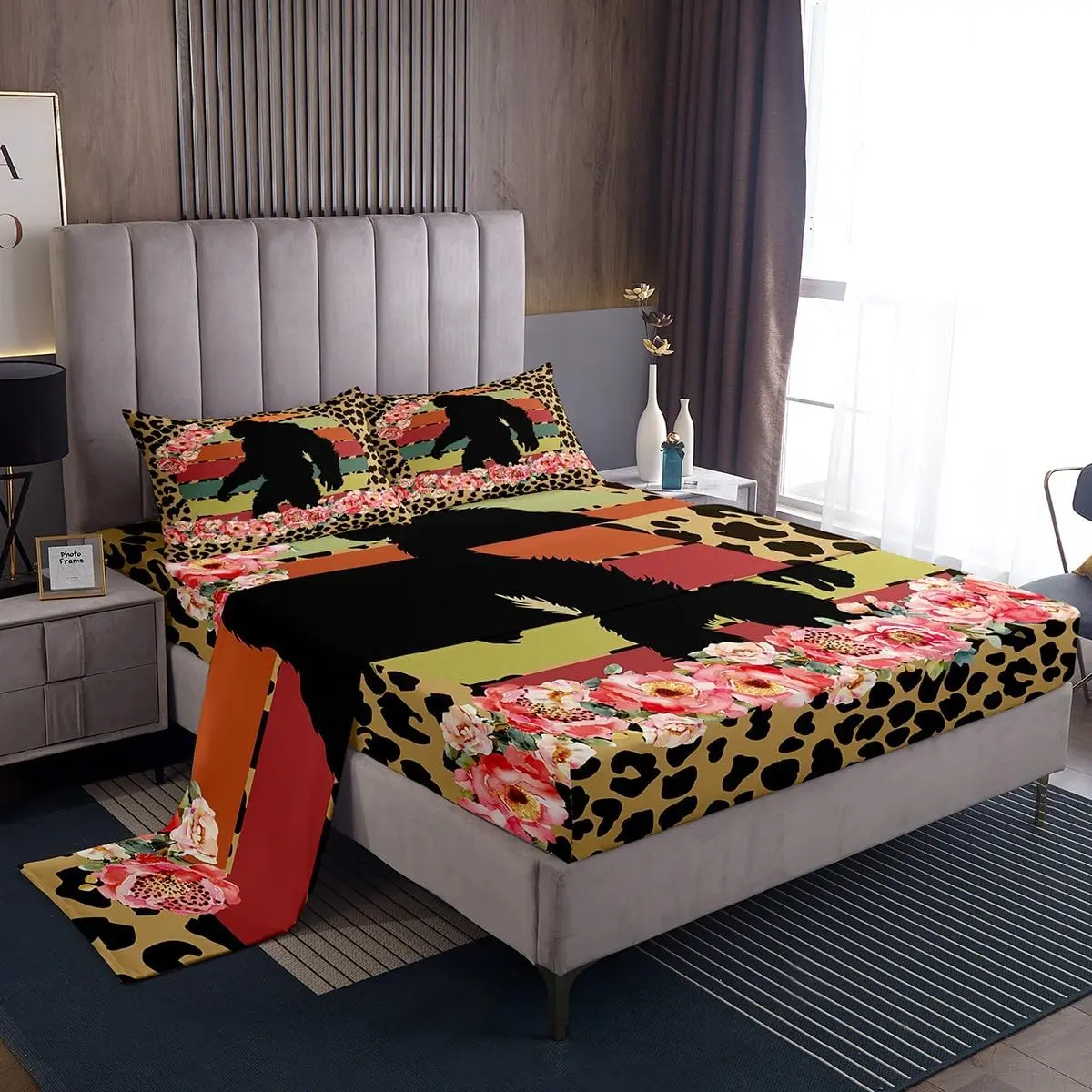 Sasquatch Sheet Set,Watercolor Flower Bedding Set Room Decor,Wild Leopard Skin Print Bed Sheet Set Deep Pocket Fitted Sheet + Flat Sheet