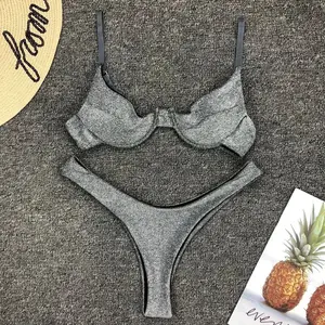Sexy Silver Glitter Bikini Swimwear Women Push Up Cut Out Underwire Thong Swimsuit Summer Brazilian Bathing Suit Biquini swimsuit beach bikini tie back backless swim top vintage swimsuit halter neck swim top