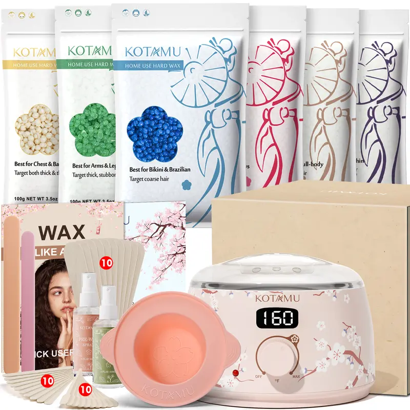 KOTAMU All-in-1 Body-Safe Hard Waxing Kit - Women's Depilatory Grooming Set, 165°F Warmer, Strips, Sensitive Skin Wax Beads for Bikini Line, Armpit, Face Hair Removal, Beauty Product for All Skin Types, Wax Beads For Sensitive Skin