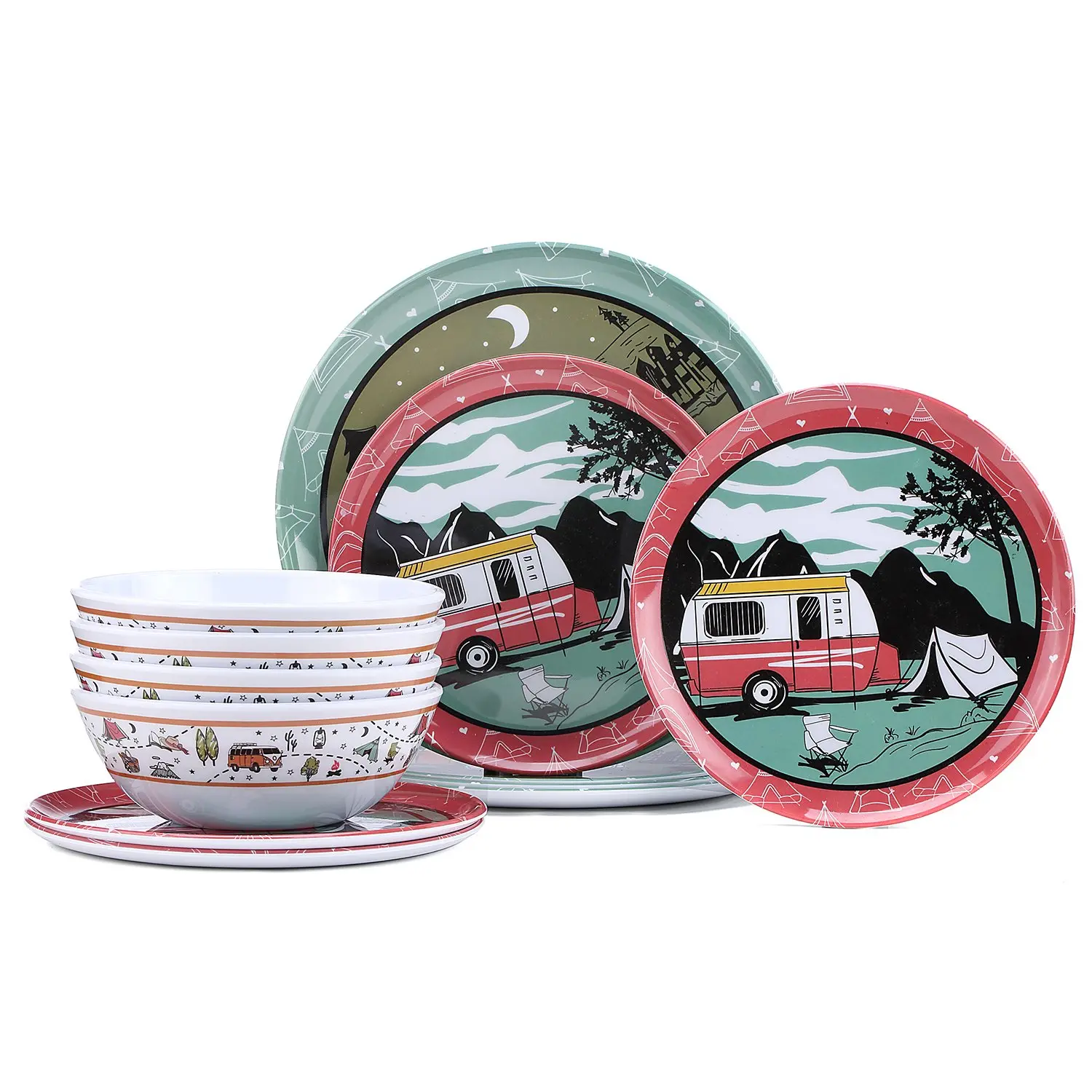 Melamine Dinnerware Set, 12-Piece Camping Dishes, Service for 4 Camper Van and Tent Plates and Bowls, BPA-Free, Lightweight and Stackable for RV Trips, Picnics, Patios and Outdoor Dining
