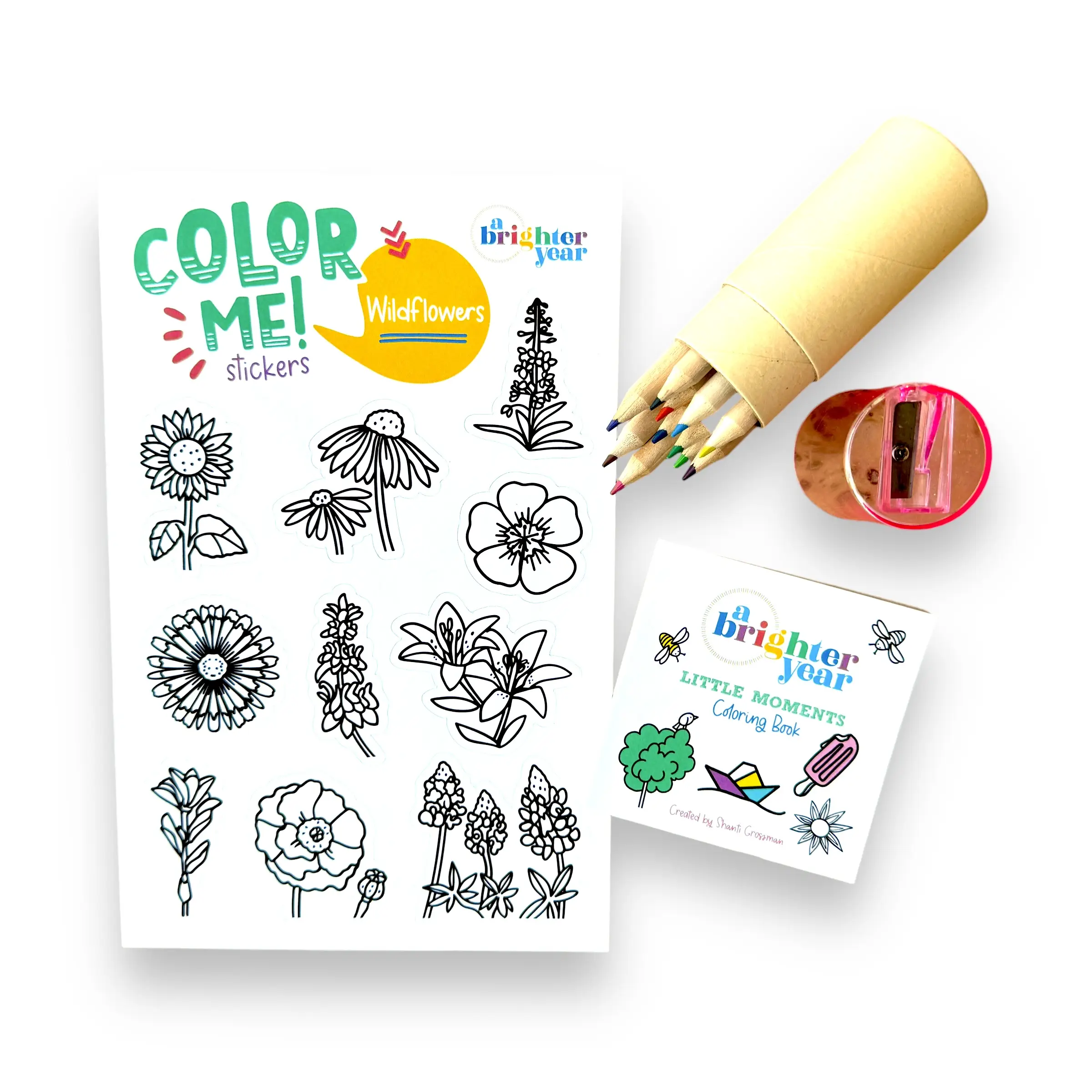 Gift Bundle w/ Mini Coloring Book, Sticker and colored pencils, A Brighter Year, bold, simple, adult coloringbook colouringbooks, for grownups, gift