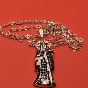 Dark Zircon 2.5-Inch Holy Death Pendant - Unisex 14-Karat Gold Plated Thin 3mm Satellite Chain Casual Accessory with Red Accents not water resistant