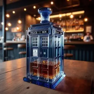 Police Box Shaped Whiskey Decanter, Unique Handcrafted Blue Glass Liquor Bottle, Perfect Gift for Men, Home Bar Decor, Collectible Display