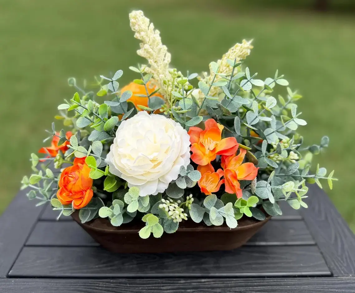 Orange & White Floral Arrangement in Wooden Dough Bowl | Farmhouse Table Centerpiece | Eucalyptus Floral Decor | Summer Home Accent
