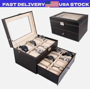 New 20 Slot Men/Women Watch Box Leather Display Table Organizer Jewelry Storage