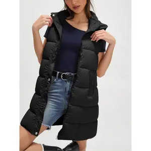 Naeduo Women's long down vest cotton sleeveless puffy jacket with pockets and detachable hood