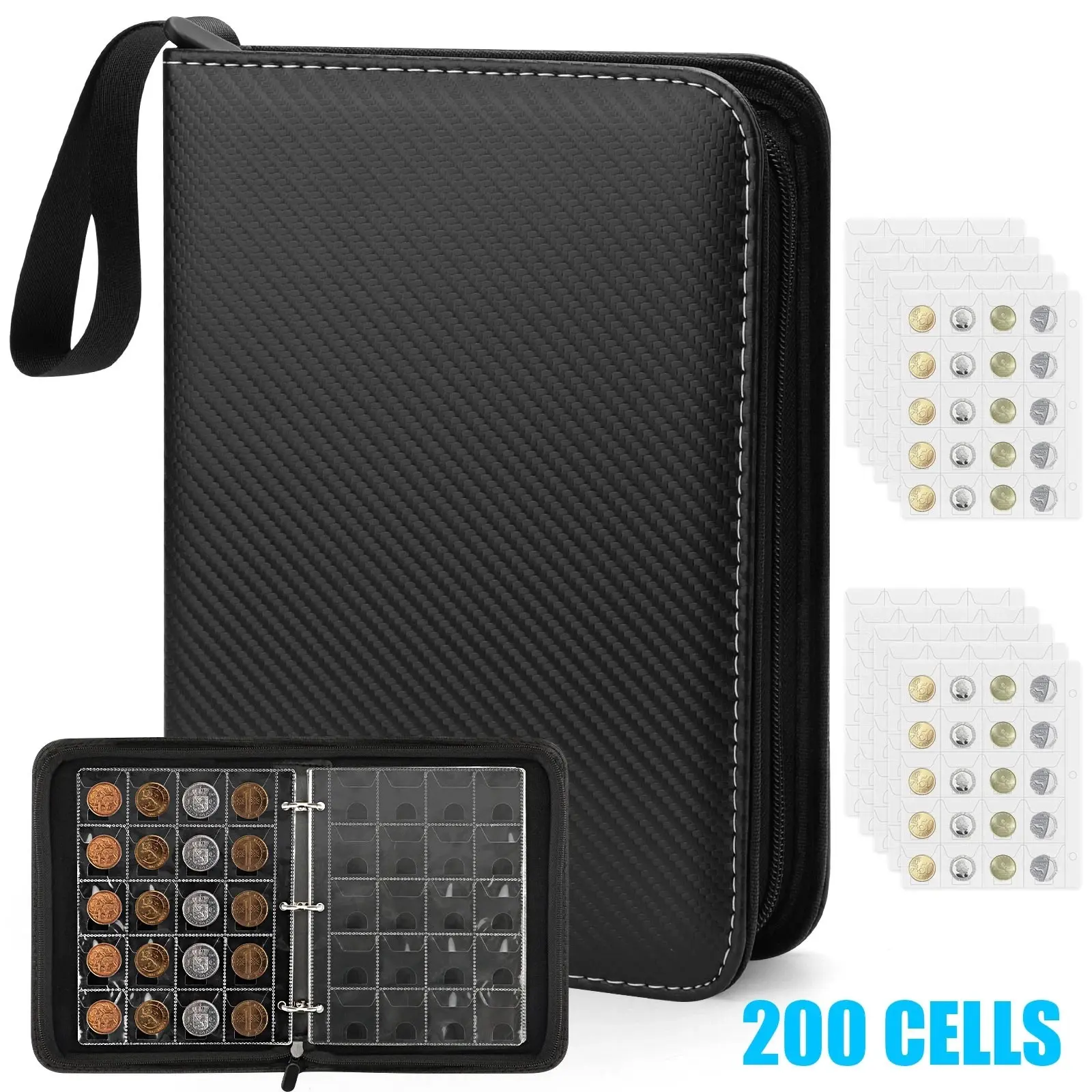 200 Pockets Coin Flip Storage Binder PU Leather Coin Collection Book with Zipper