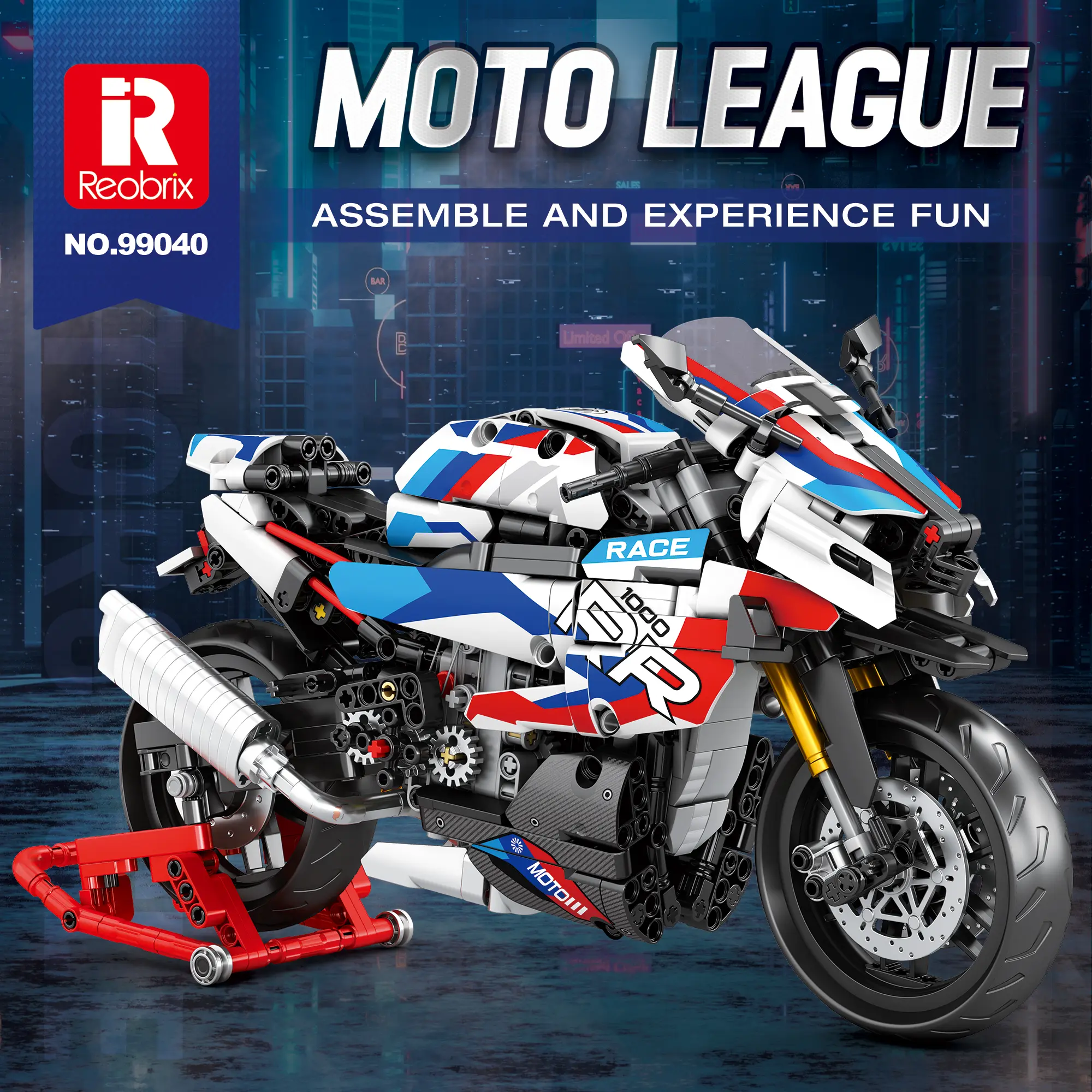 Reobrix Moto League 99040 1000 RR Technic Motorcycle Model Kit, 1:5 Scale, 949 Pieces, Transportation Themed Collectible Decoration with Stand, Gift for 12 Years Above Learning & Building Toy Enthusiasts
